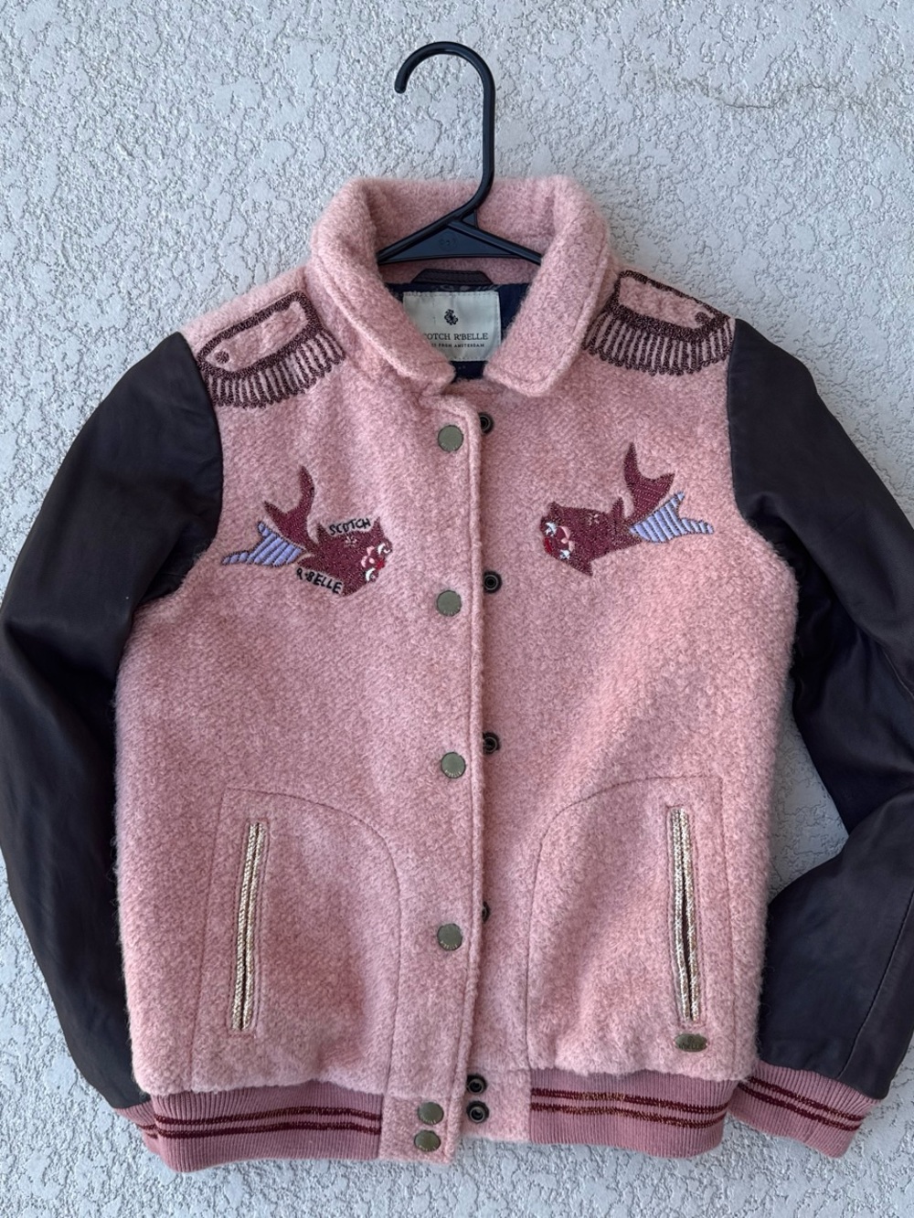 Scotch R’belle kidsGirls or Boys Pink Wool-Blend Varsity Jacket with Embroidery